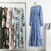 Casual Floral Printed Muslim Maxi Dress for Women Long Sleeve O Neck Chiffon Bark Crinkling Loose Long Dress Spring Autumn