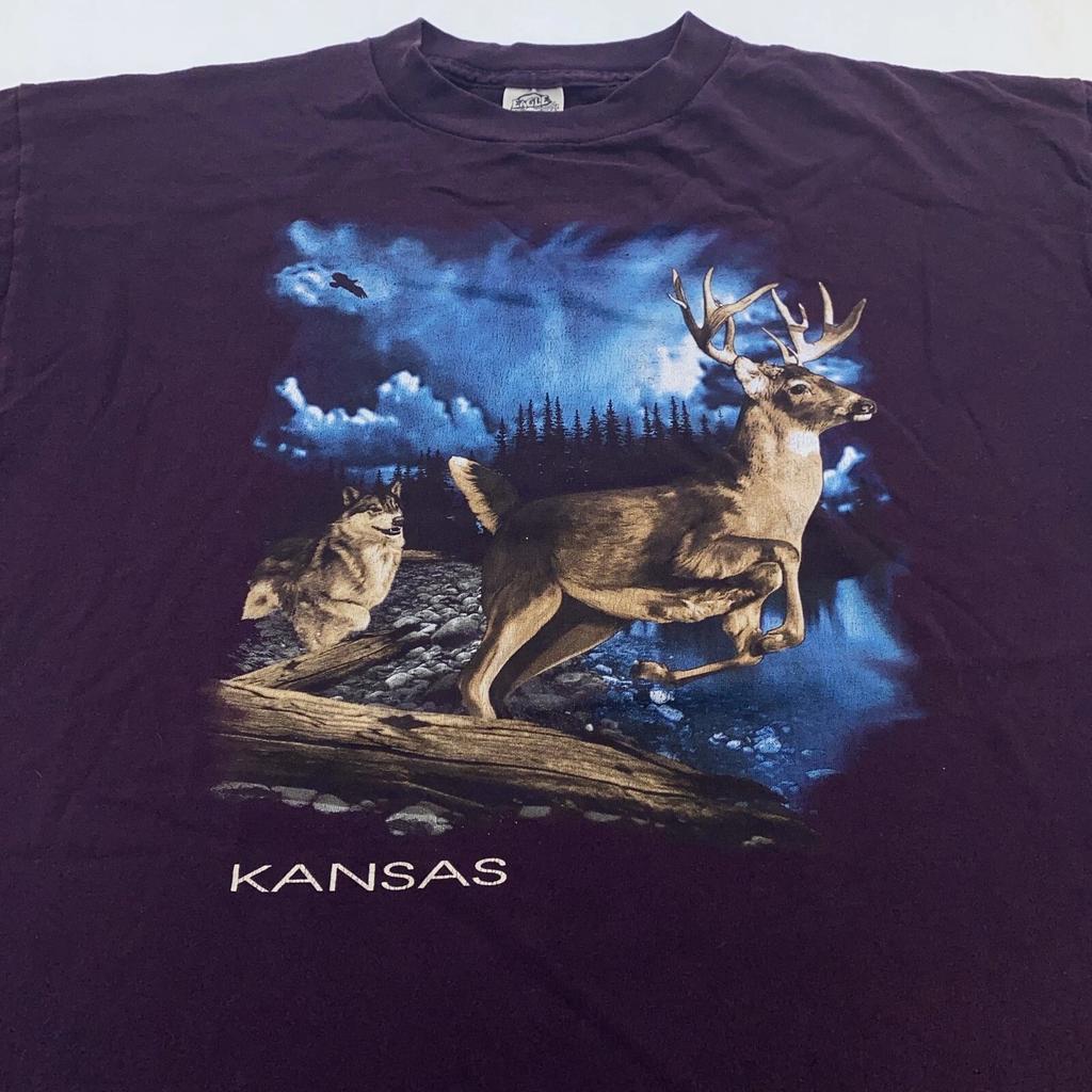 Vintage 90s KANSAS WOLF WHITE TAIL DEER NATURE T-Shirt XL Moon Soft