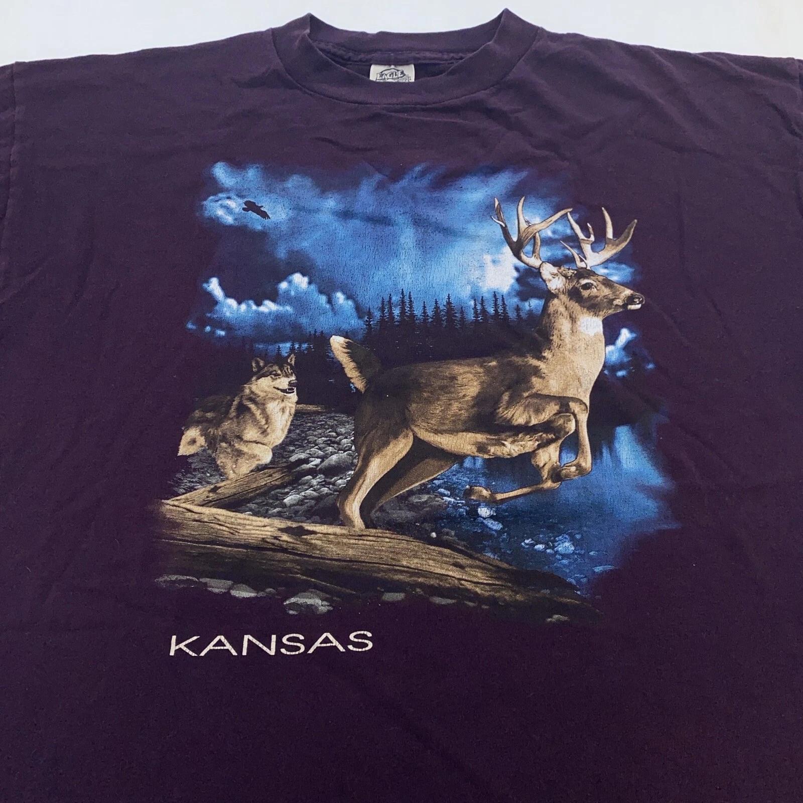 vintage 90s KANSAS WOLF WHITE TAIL DEER NATURE T-Shirt XL moon soft S
