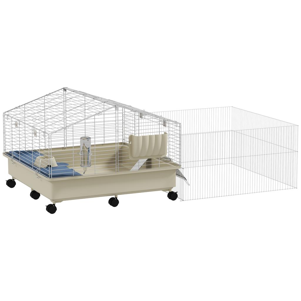 Small animal cage, balcony, ramp, feeding trough, water bottle, 2-level design, white