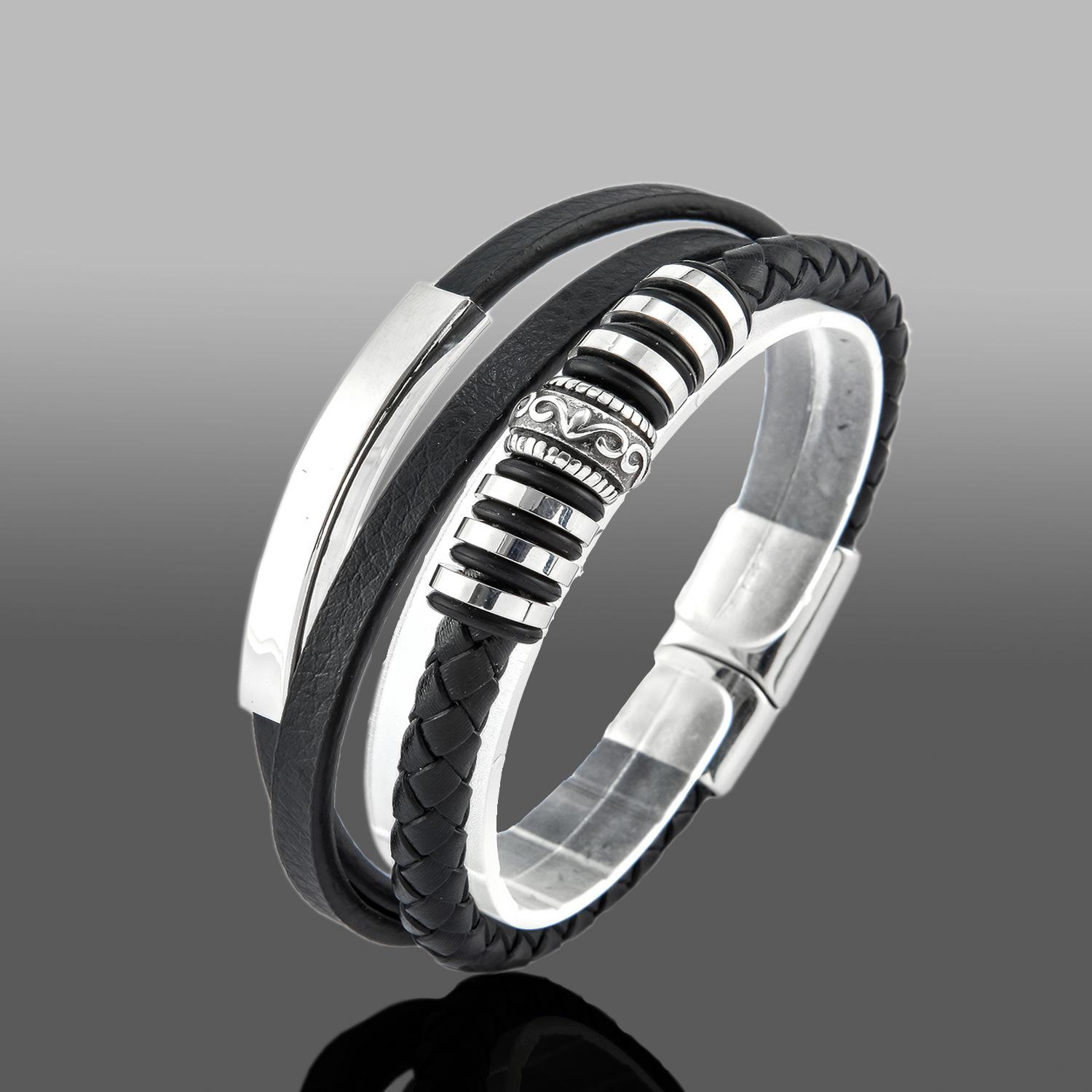 DIY handmade men s fashion stainless steel multi-layer leather rope bracelet, woven leather magnetic buckle multi-layer bracelet