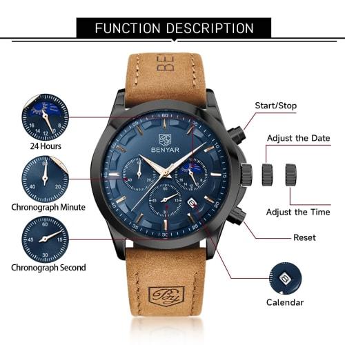 Watches Men's BENYAR Multi Calendar, Chronograph, Business Formal Men's Leather Strap, Analog Watch, Waterproof and Scratch Resistant Brown-Blue