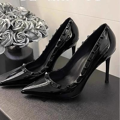 Studded Black Super High Heels Pointed Toe Shallow Stiletto French Pumps Temperament Professional Women Shoes Sandalias Mujer
