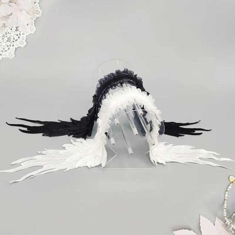 Dark Gothic Angel Wing Hairband - Lace Trim Lolita Headband, Decora Kei/Sweet Dolly/Punk/Jirai Kei for Girls