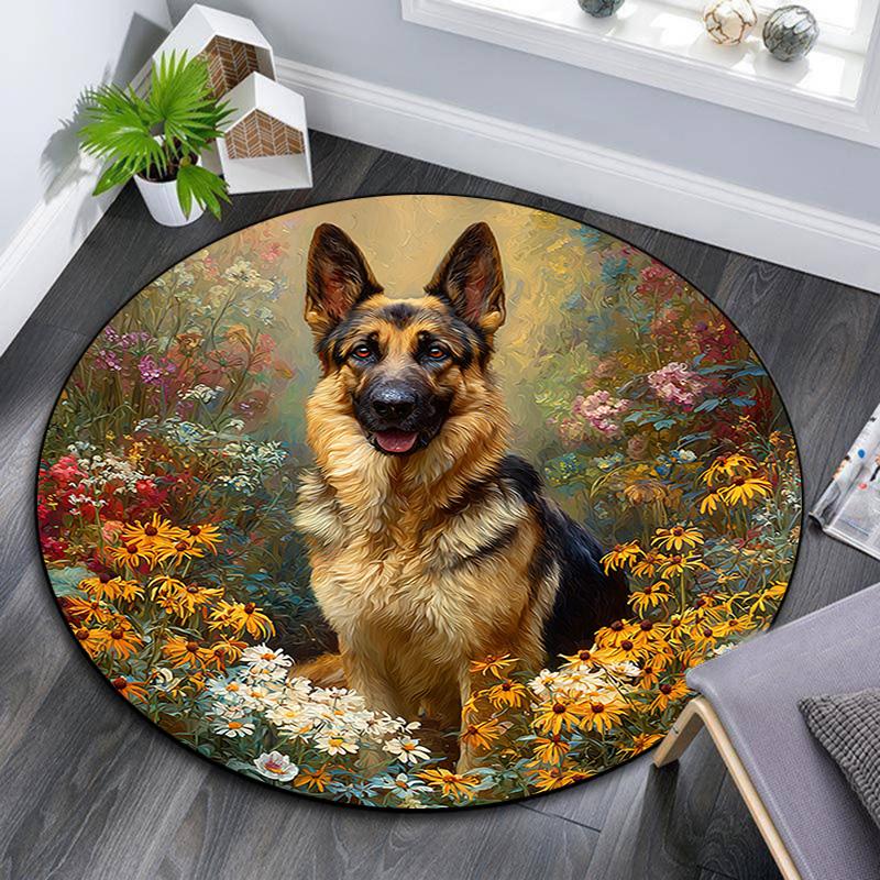German Shepherd Round Area Rug,Carpet Rug for Living Room Bedroom Sofa Playroom Decor,Non-slip Floor Mat