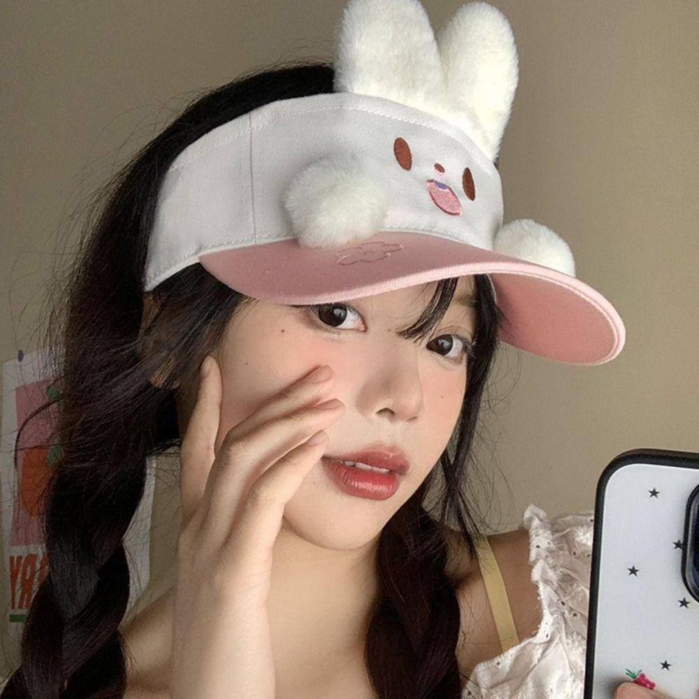 Sunscreen Rabbit Hiking Visor Cap Plush Pink Rabbit Sun Hat Bunny Ear Hollow Hat Mountaineering