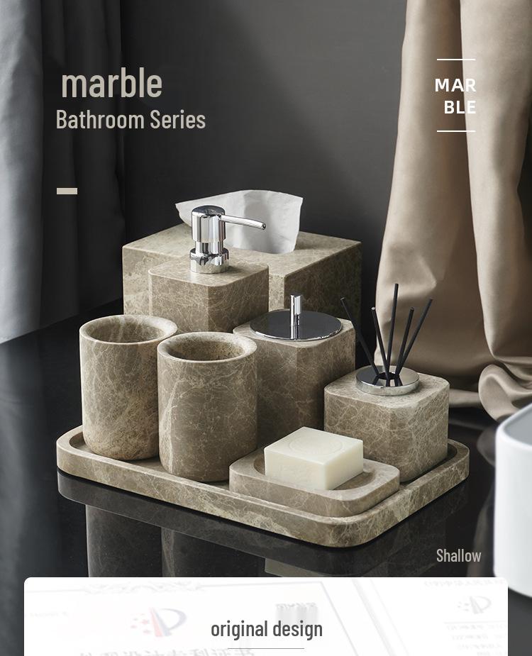 DecoTalk Wabi-Sabi Marble Bathroom Set: Matte Washbasin, Aroma Diffuser, Tissue Box