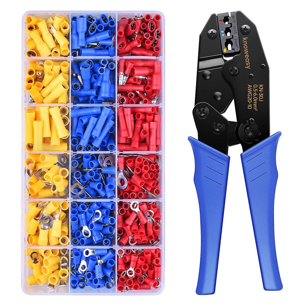Knoweasy Wire Terminal Crimping Tool Kit Insulated Ratchet Crimping Tool with 700 and Ring Crimp Terminal Connectors - AWG20-10 Butt, Bullet, Spade,
