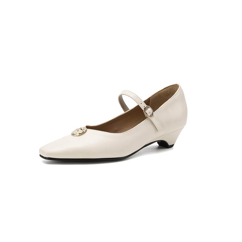 Krazing Pot Microfiber Square Toe Thick Med Heels Spring Summer Shoes Big Size 43 Metal flowers Women Shallow Pumps