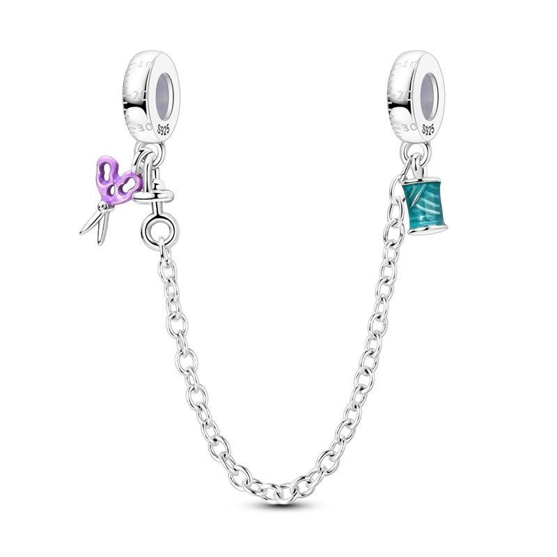 925 Silver Safety Chain Charm Bracelet Set Clover Lock Key Bear Peace Dove Fruit Decoration Beaded Fine Jewelry Gift