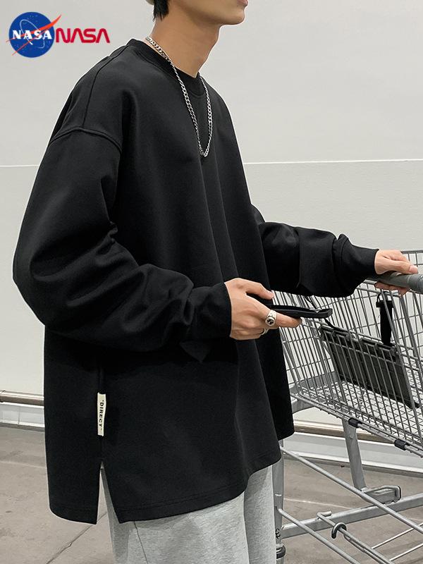 NASA Men's Trendy Long Sleeve Spring/Autumn Hoodie - Plus Size Heavyweight T-Shirt with Velvet, Solid Color, Loose Slit Design.