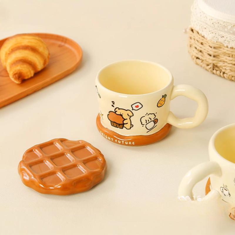 Waffle Cup Creative High Looking Cute Puppy Birthday Gift Souvenir Mug with Lid Ceramic Water Cup