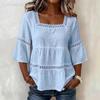 Women Square Neck Lace Trim Bell Sleeve Top Casual Tiered Smocked Solid Color Blouse