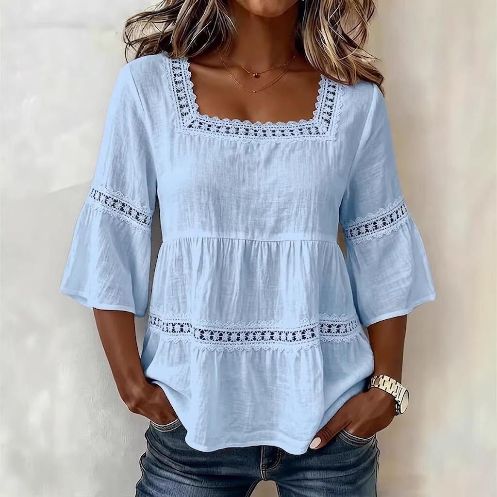 Women Square Neck Lace Trim Bell Sleeve Top Casual Tiered Smocked Solid Color Blouse