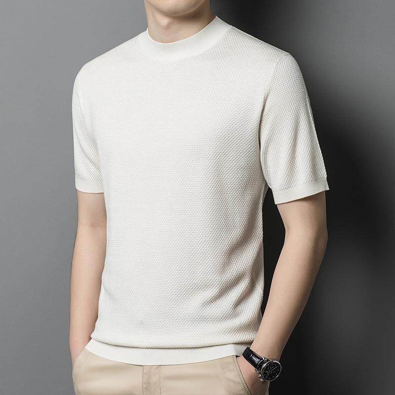 Men's Semi-turtleneck Short-sleeved Sweater Solid Color Casual Knitwear Trend Middle-aged Thin Woolen Pullover Base
