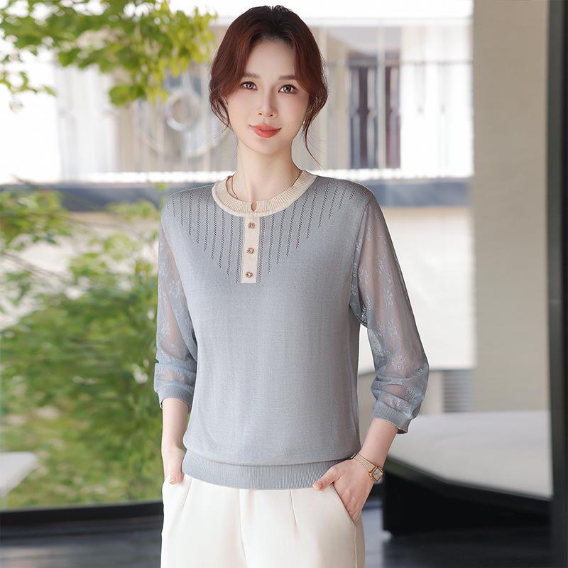 Elegant Spring Knitwear 2026: Stylish Gauze Sleeve Top for Middle-aged & Elderly Women