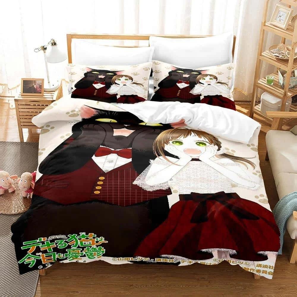 3D Kawai The Masterful Cat Is Depressed Again Today Bedding Set Cartoon Anime Three-piece Set Adult Kid Bedroom Duvet Cover Sets