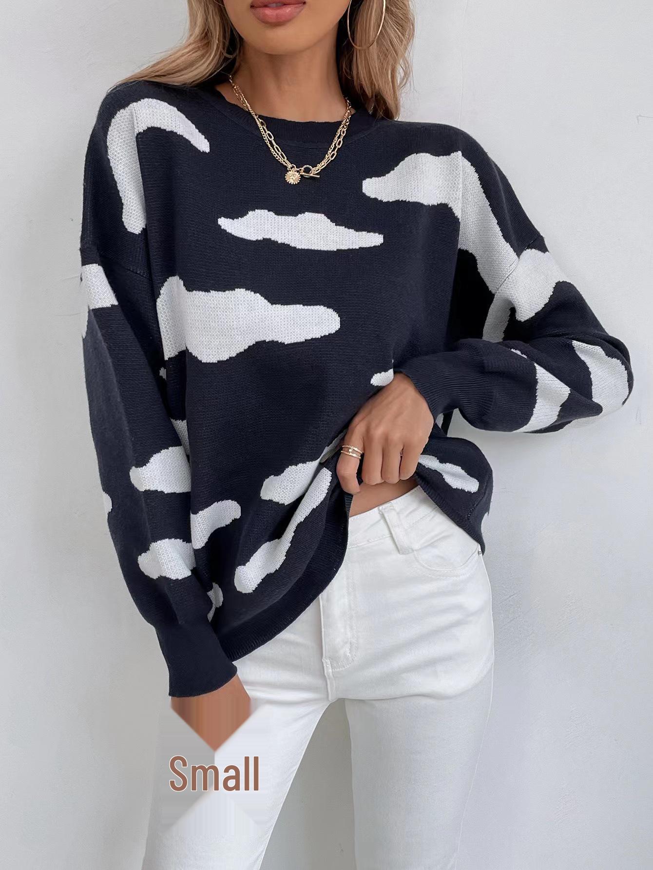 

2025 Women s Versatile Jacquard Cloud Sweater: European & American Style, Long Sleeve, Round Neck Knitwear. Large