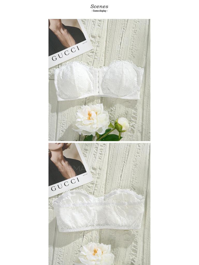 Front-Buckle Lace Strapless Women's Tube Top: Enhances Bust, Non-Slip, Breathable, Beautiful Back, White.