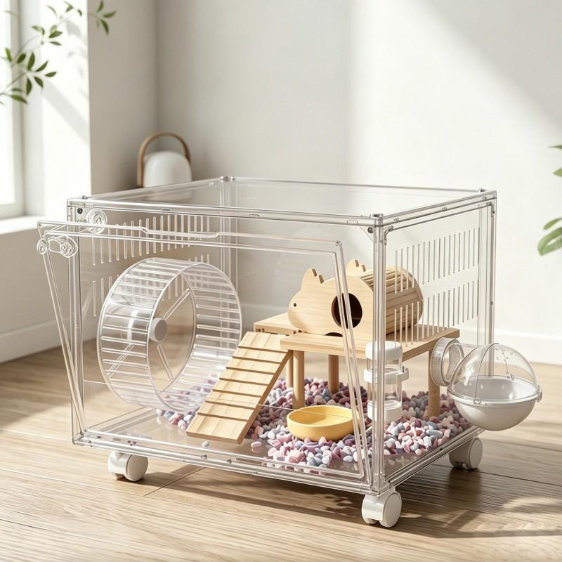 Transparent Acrylic Hamster Cage With Wheels Leak-Proof Sand Tray Stackable Easy-Clean Design Indoor/Outdoor Use