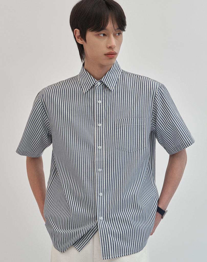 WORK ON BODY OFF Linea Semi-Overfit Striped Short Sleeve Shirt [Blue]