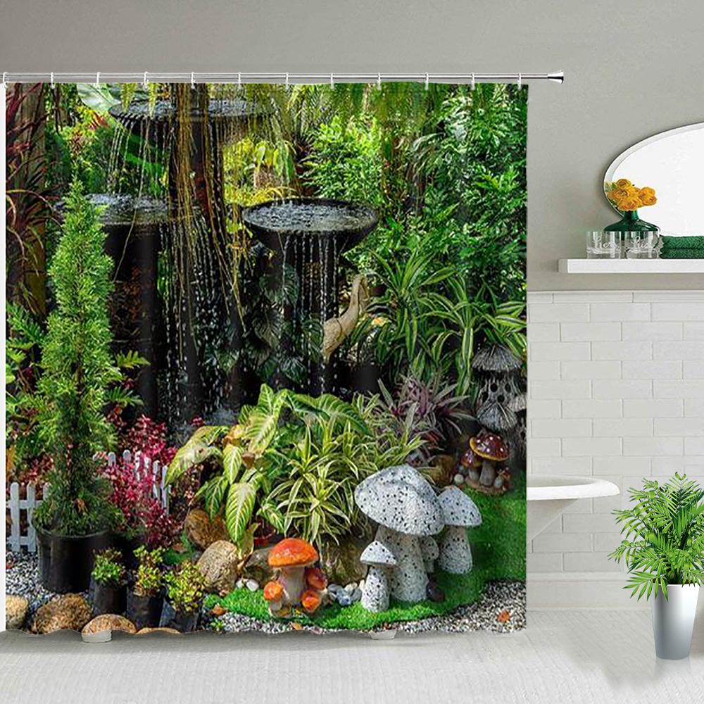 Forest Landscape Shower Curtains Green Tropical Plant Palm Tree Flower Leaves Garden Natural Scenery Bathroom Decor Bath Curtain