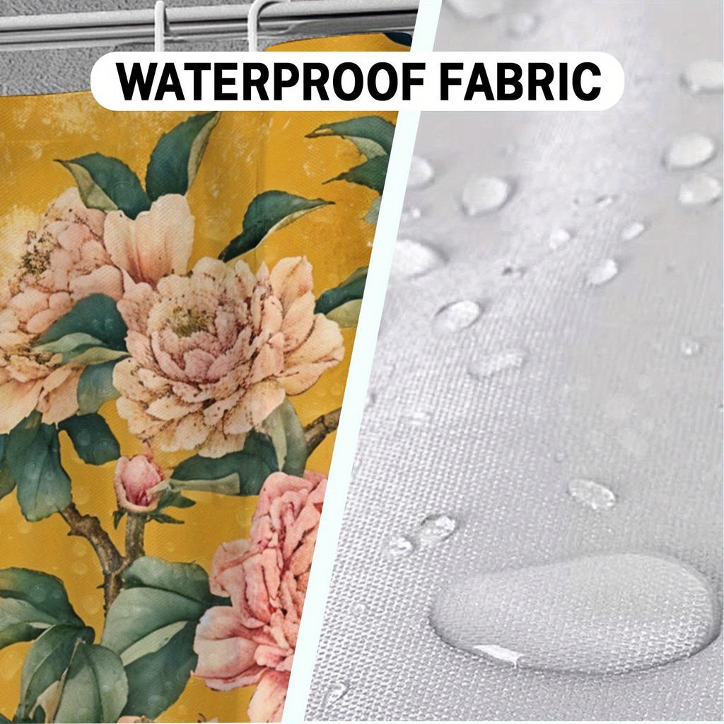 Waterproof Shower Curtain with Elegant Peony Flowers and Birds On a Vibrant Yellow Background for a Luxurious Bathroom Decor