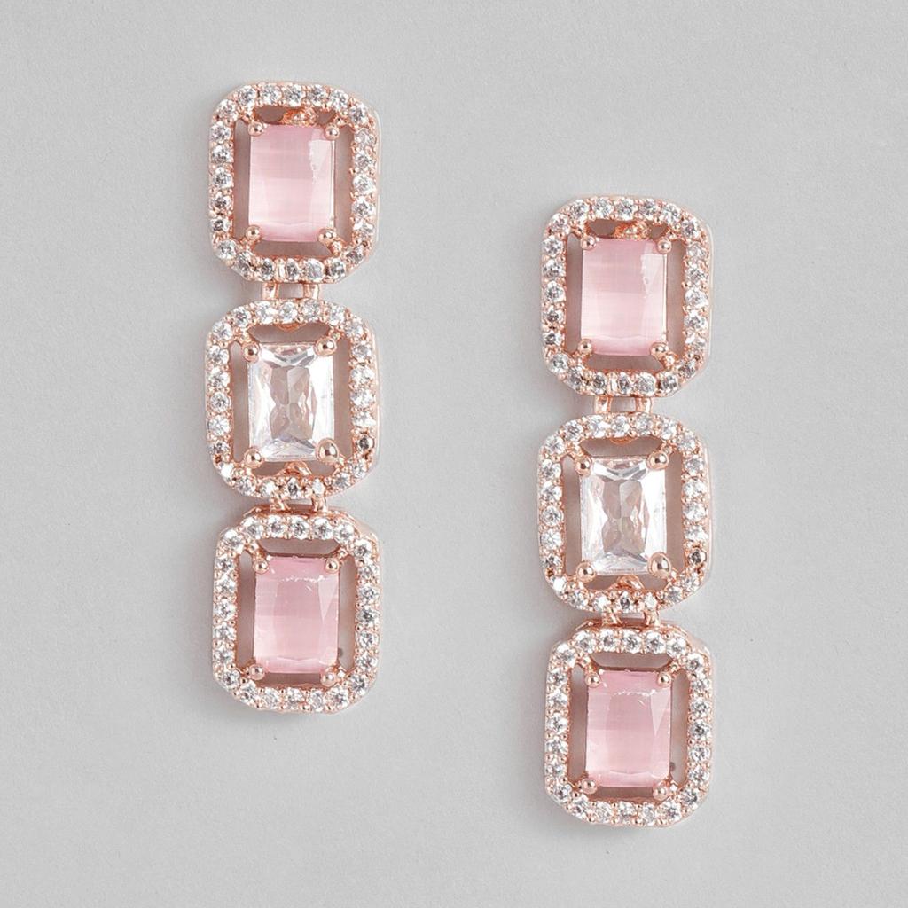 Elegant Estele Square Designer Drop Earrings Rose Gold Plated CZ Mint Pink Stones For Women
