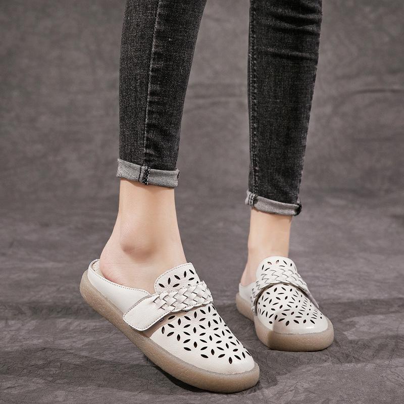 2025 summer new hole sandals first layer cowhide retro style soft sole comfortable middle-aged and elderly mother shoes half slippers