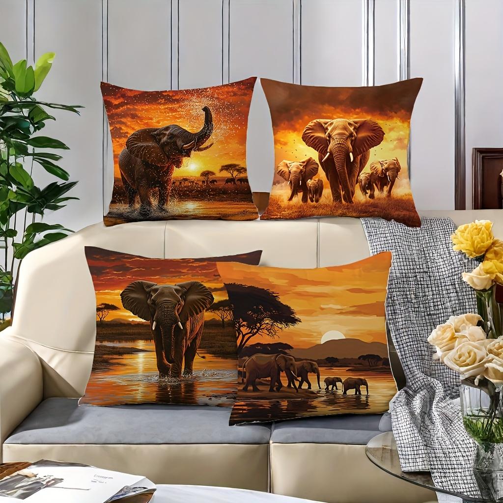 4PCS. Pillowcase Set Featuring Patterns of Elephants, Trees, Sunsets, and Other Elements,  Decoration, Insert Not Included
