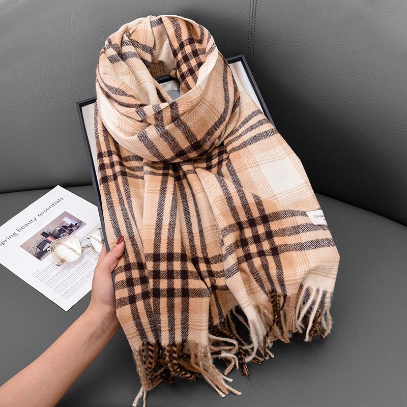 Color Matching Retro Fringed Scarf Women'S Winter Senior Sense Versatile Thickened Warm Scarf Shawl Dual-Purpose