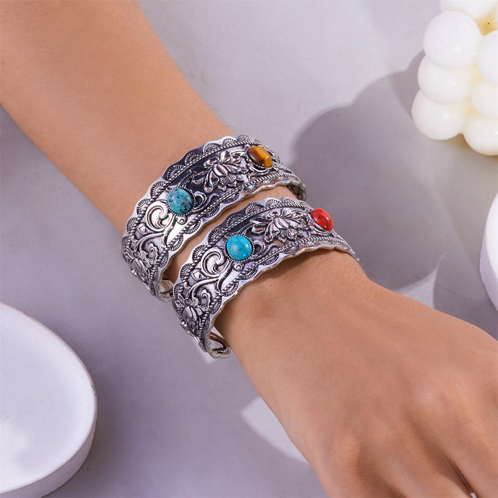 Vintage Antique Silver Color Natural Stone Wide Bangles Bracelets For Women Chinese Style Retro Gold Color Cuff Bracelet Jewelry