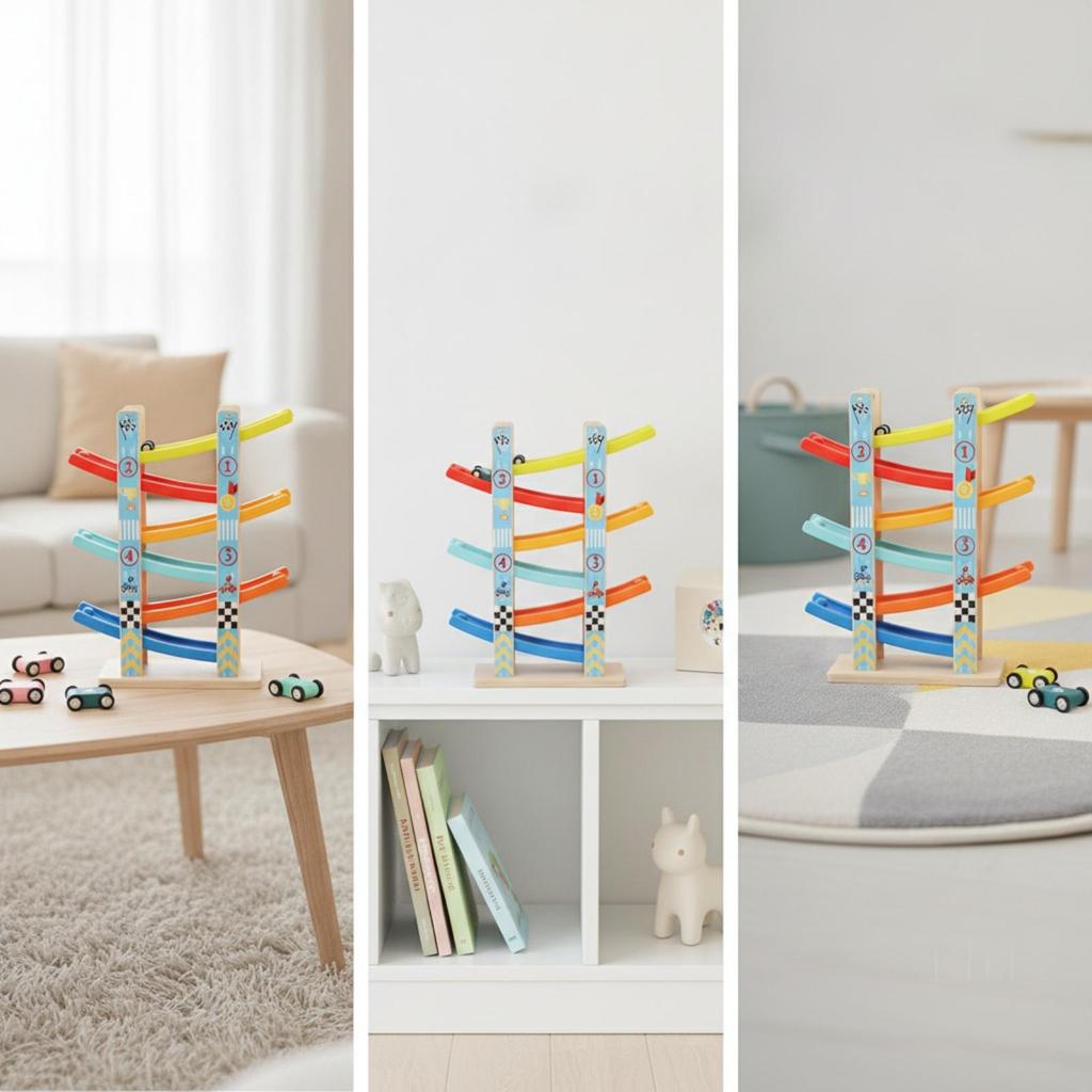 Four-Track Sliding Car Toy Educational Wooden Ramp Race Track Set Racetrack
