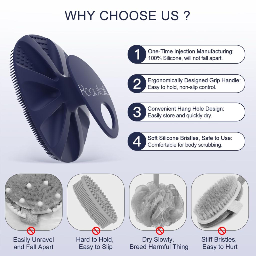BEAUTAIL Silicone Body Scrubber for Shower and Gentle Suitable for and Sensitive Easy High 1 Blue Bath, Exfoliating, Cleansing, Loofah, Women, Men,