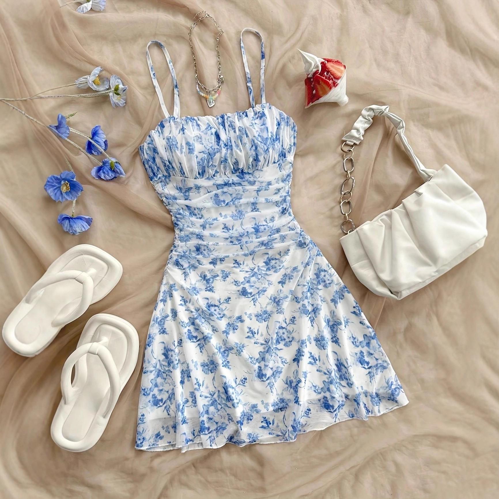 Women Floral Print Dress Spaghetti Straps Ruched Flare Mini Summer Dress XS