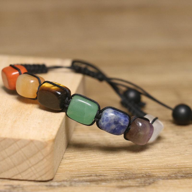 7 Chakra Square Bead Bracelet – Adjustable Boho Healing Jewelry, Balance Protection Gift for Men Women