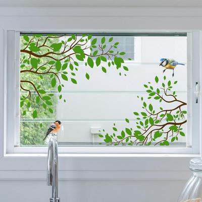 Simple Small Fresh Green Leaf Bird Electrostatic Window Stickers Decorative Glass Window Double-sided Visual Wall Stickers