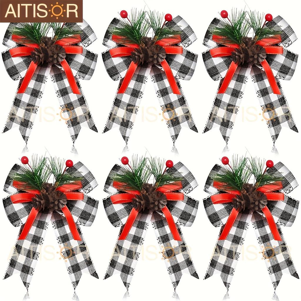 6pcs Christmas Ribbons Buffalo Plaid Bows with Plastic Pine Cone for Christmas Tree Mantle Fireplace Wreath DIY Crafts Decoration Party Decor Gift