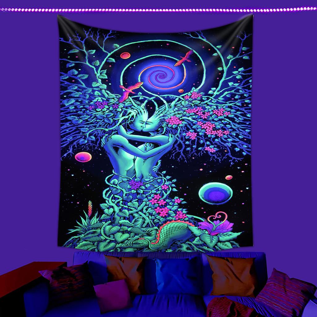Psychedelic UV Fluorescent Tapestry Black Light  Aesthetic Wall Hanging Hippie  for Bedroom Indie Room Decor