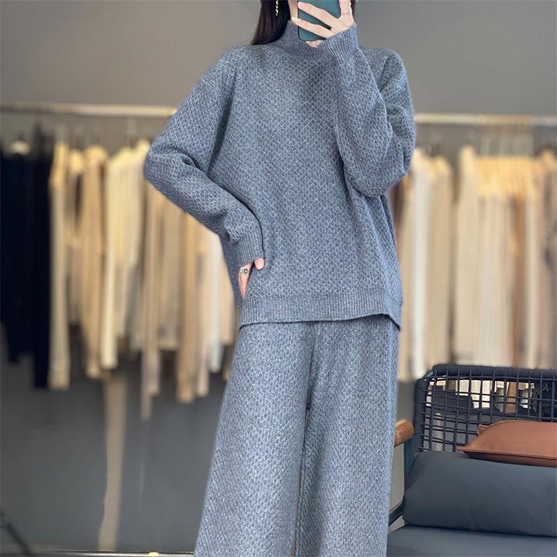 Women's Purple High Neck Wool Sweater & Wide-Leg Pants Set - Autumn/Winter Fashion