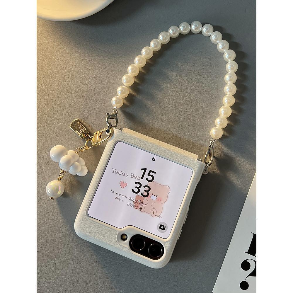 

чехол-книжка для Samsung Galaxy Z Flip 6 Zflip 5 4 Чехол Элегантный Жемчужный Подвеска Браслет Цепочка Белая Кожаная Крышка Fundas For Samsung Galaxy Z Flip6