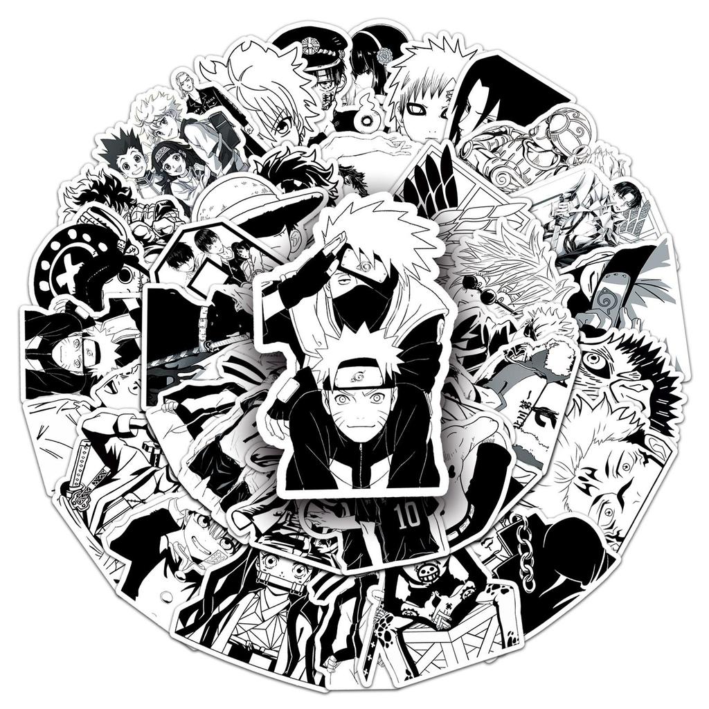 Black & White Japanese Manga Stickers - 50 Sheets for Notebooks, Phones, Waterproof Children's Creative Decoration