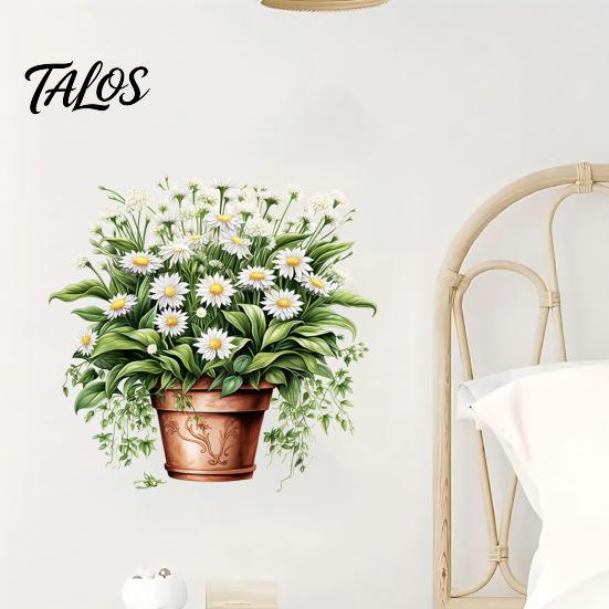 Easy Peel And Stick Home Decor Watercolor Potted Plant Wall Stickers, PVC Waterproof Hanging Pothos/Daisy Decals, Removable Green Leaf Stickers