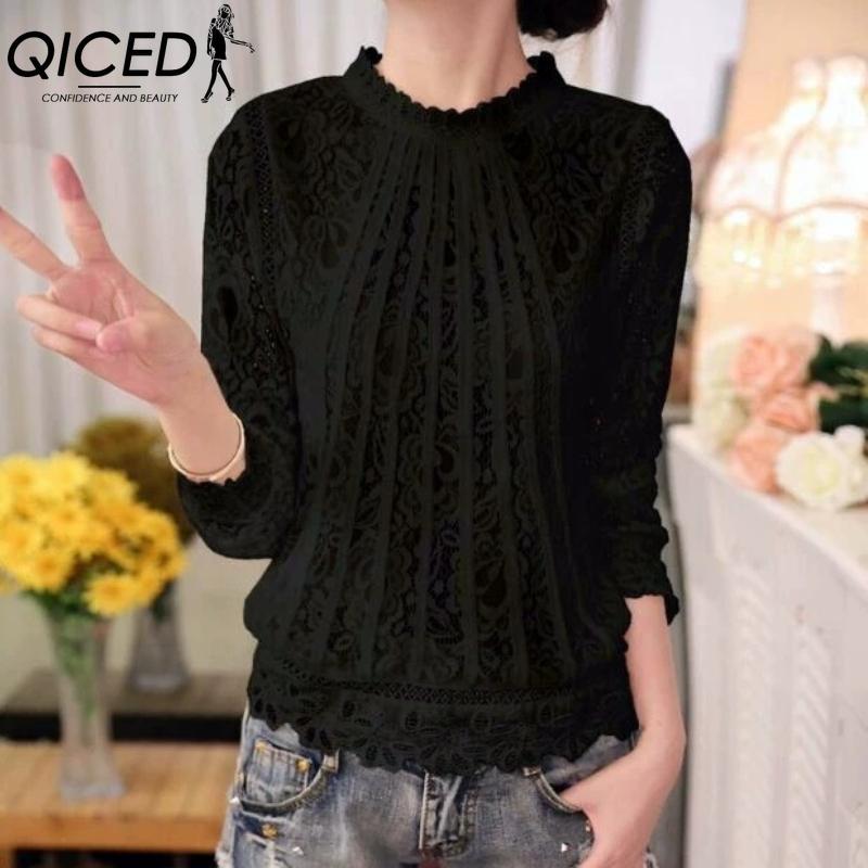 

QICED Женские модные повседневные однотонные блузки и рубашки с длинным рукавом с принтом XXXL чёрный
