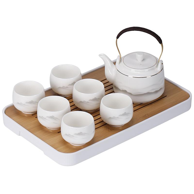 Jade Porcelain Tea Set Chinese Kung Fu Tea Pot Ceramic Tea Cup White Porcelain Set Household Large Capacity Handle Pot