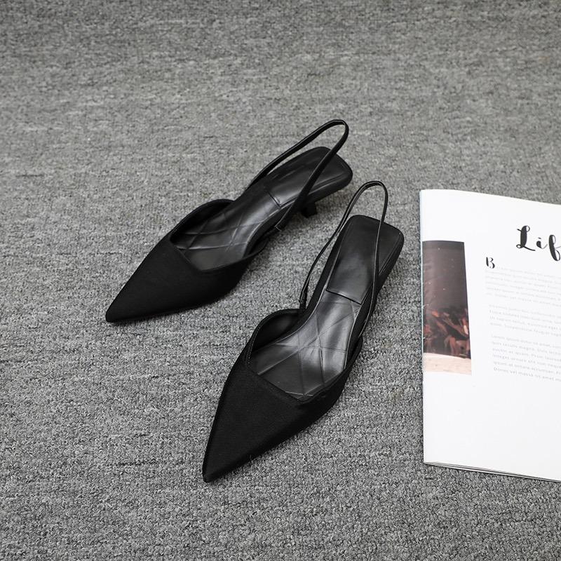Summer 2025 New Women Black Baotou Sandals Woman Heels Pumps Silk Sexy Pointed Sandalias Female Low Heels Shoes