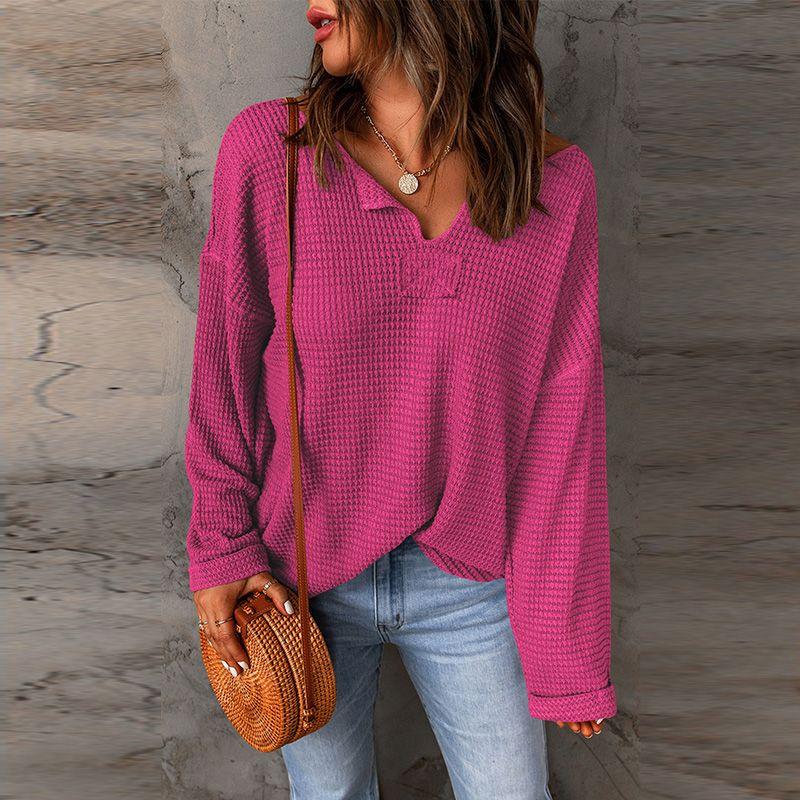 2024 Autumn Solid Color Waffle Knitting Long Sleeves T-shirt Female Fashion Drop-Shoulder Sleeve V-neck Casual Loose Pullover Female