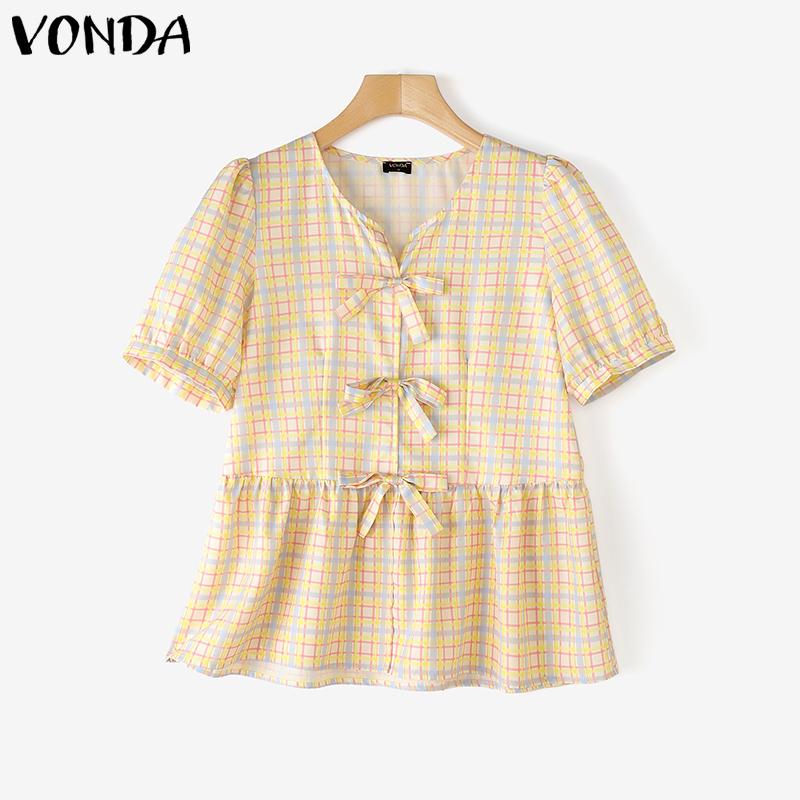 

VONDA Летние женские топы с коротким рукавом, бантом, оборками, в клетку, повседневные, милые блузки 3XL
