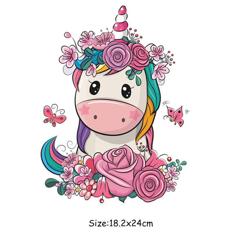 

Нашивка с цветочным единорогом, теплопередача, моющаяся футболка «сделай сам», полоса, экологически чистая одежда, наклейки, наклейки с животными, нашивка 18.2x24 cm