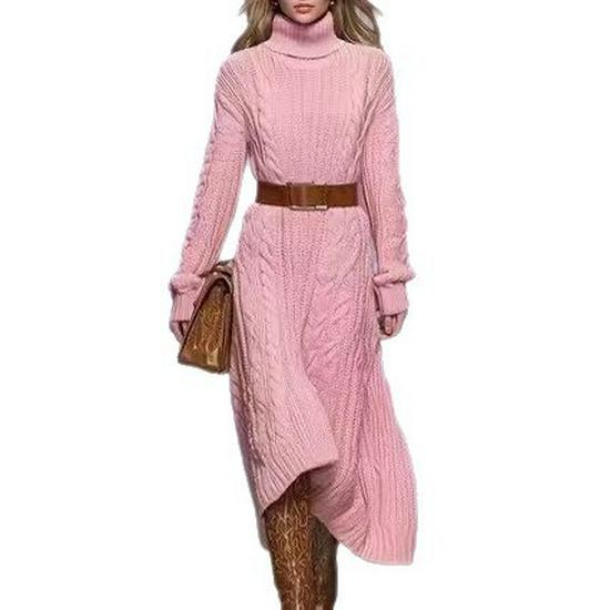 European & American Winter High-Neck Cable Knit Dress - Elegant Sweater Base Layer Long Skirt for Women